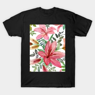 Transparent Lilly flowers and leaves watercolor seamless pattern. Translucent Summer tropical bouquets. Spring blossom garden T-Shirt